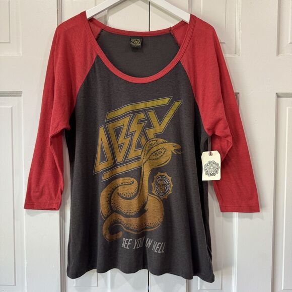 Obey Women Skate Raglan T-Shirt Medium Vintage Burnout See You In Hell Cobra New - Picture 2 of 8